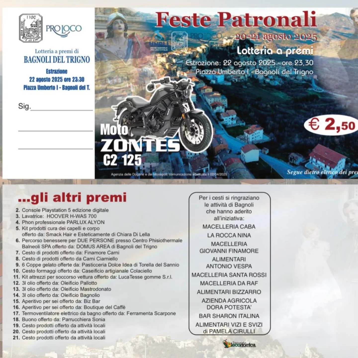 Locandina dell'estrazione a premi delle Feste Patronali di Bagnoli del Trigno